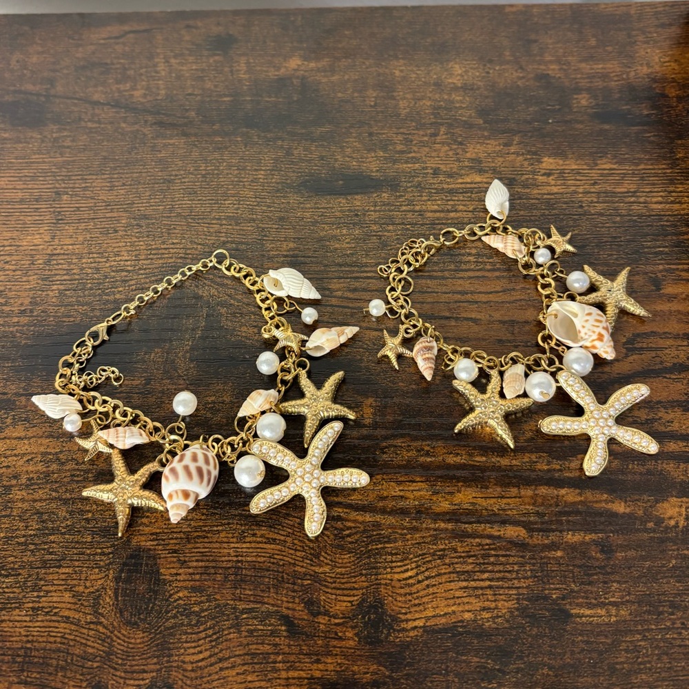 Gold Starfish and Shell Charm Bracelet and Anklet Set